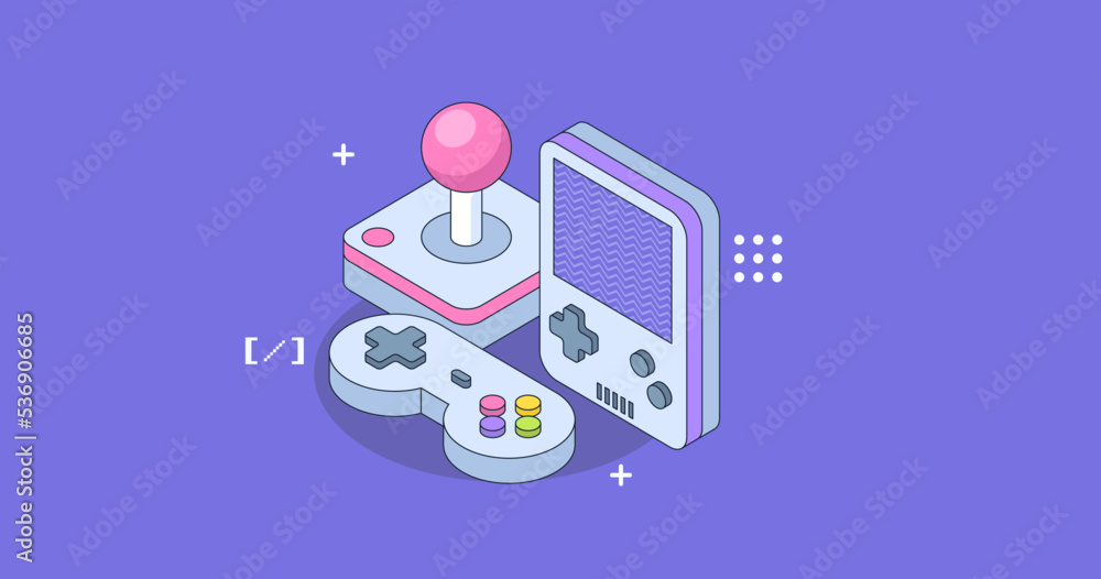 Aufkleber gaming development for mobile app. isometric design concept with game console.