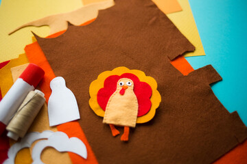 craft for kids. DIY felt finger toy Turkey for thanksgiving day. create art for children. finger toy