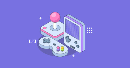 Gaming development for mobile app. Isometric design concept with game console. © Andrew Derr