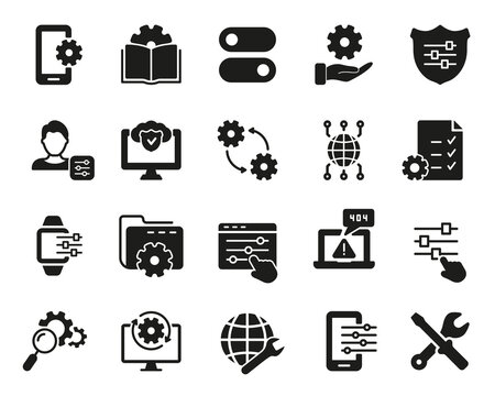 Setup, Repair and Settings Black Icon Set. Tech Support, Settings and Options Silhouette Icon. Gear, Screwdriver and Wrench Icons. Isolated Vector illustration