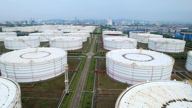 aerial view of gas container of modern chemical factory