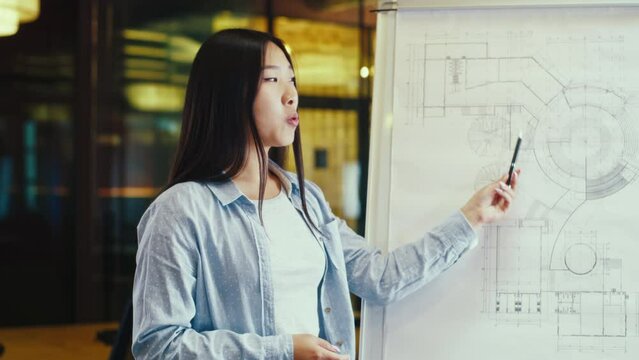 Asian businesswoman leading business training. Work meeting in office conference room. Female engineer presenting blueprint on flipchart or engineering startup project to coworkers in modern office.