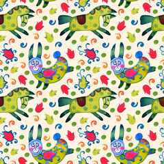 Seamless watercolor pattern with horses and bunnies. Folk and crafts arts.