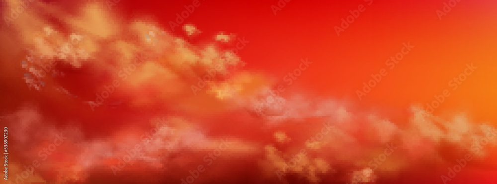 Wall mural red sky with fluffy clouds at sunset. summer cloudy panorama, beautiful atmosphere landscape in red 