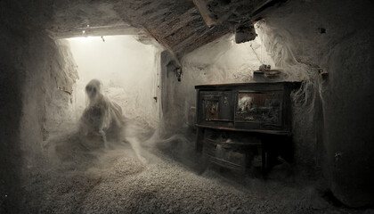 Obraz na płótnie Canvas Scary ghost in dar, haunted attic. Digital art
