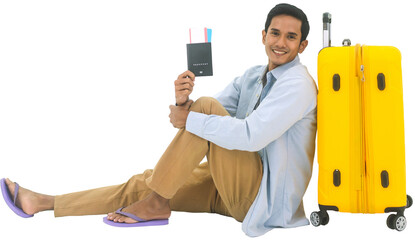 Cutout isolated full body of asian man with yellow travel luggage holding passport and airplane...