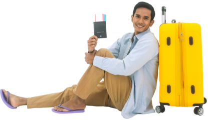 Cutout isolated full body of asian man with yellow travel luggage holding passport and airplane ticket