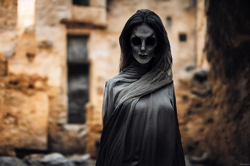 Fototapeta na wymiar Scary ghost woman in haunted house. Digital art