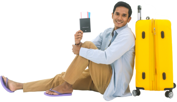 Cutout isolated full body of asian man with yellow travel luggage holding passport and airplane ticket