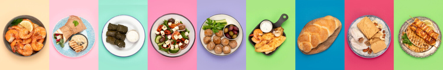 Greek food assortment on color background. Traditional food.