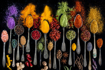 Many various multi colored spices and dried fruits on the table