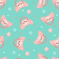 Seamless children's pattern on a green background. A dummy with a pig. Pacifier for children