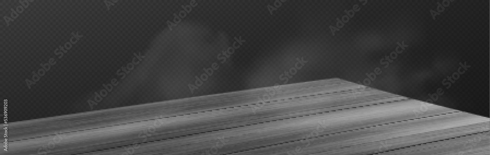 Poster corner view of wooden table top with steam clouds above it isolated on transparent background. empty