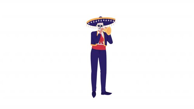 Animated trumpeter character. Full body flat person. HD video footage with alpha channel. Mexican traditional costume color cartoon style illustration on transparent background for animation