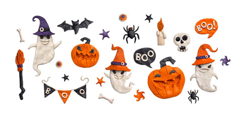 Fototapeta na wymiar Big Halloween Set. Festive handmade items from plasticine. Pumpkins, ghosts, bat, bones, skull, spiders, candle, eyes, broom