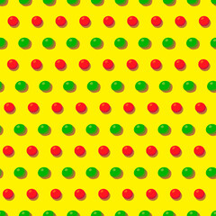 Seamless pattern in retro style with dot pattern.New Year's red and green balloons on a yellow background.