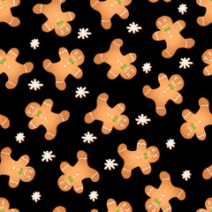 Seamless pattern with ginger cookies on a black background. Gingerbread man,