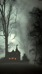 halloween background vertical, digital illustration of  ictorvian haunted house  with candlelight in the window in a dense spooky forest