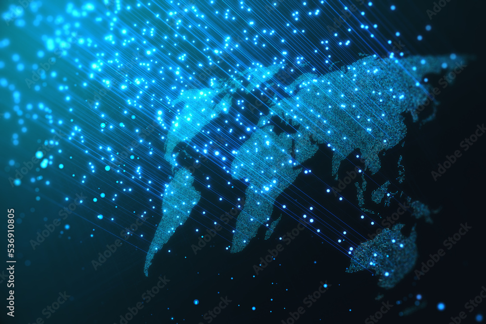Poster creative map hologram on dark blurry blue backdrop. digital globe and international communication co
