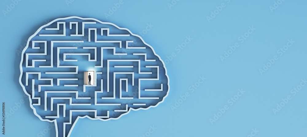Aufkleber Ai and creative idea concept with businessman in front of open door with light in labyrinth in form of human brain on blank blue wall background with space for your logo or text, mockup