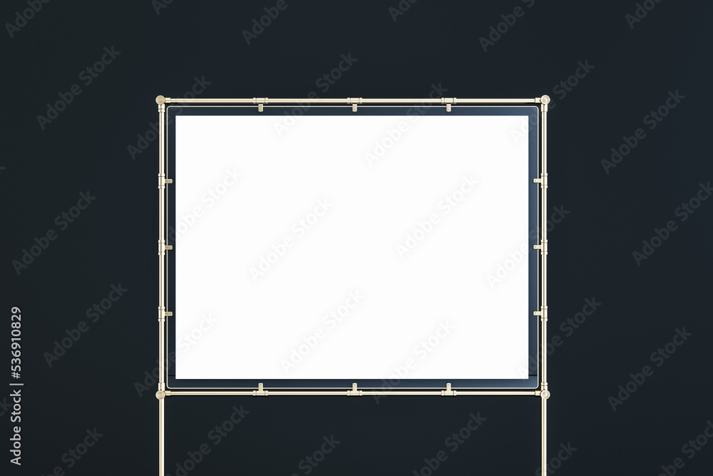 Poster Front view on blank white presentation portfolio board with place for your logo or text in metallic frame on black background. 3D rendering, mock up
