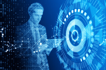 man silholuette with hud screen or button on blurry polygonal wallpaper with various details. Artificial intelligence, machine learning and digital transformation concept. Double exposure.