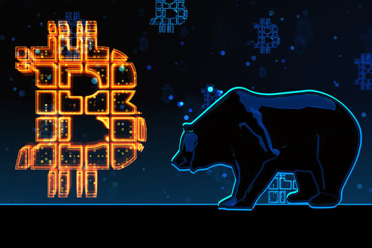 Stock market decrease and bearish market concept with digital yellow glowing bitcoin sign and bear symbol on dark background. 3D rendering