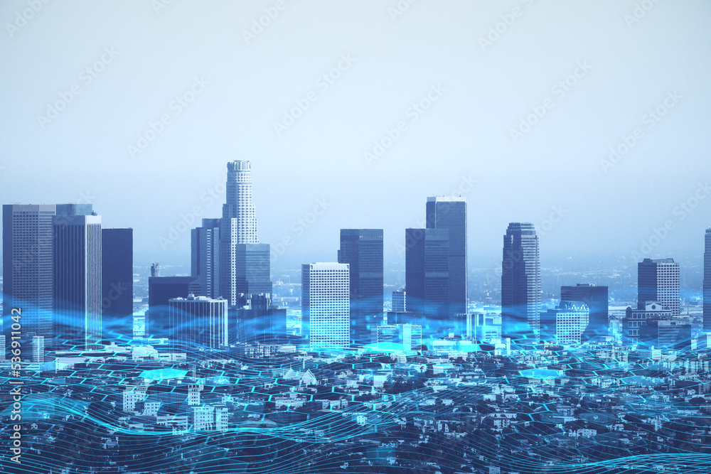 Poster creative blue hexagonal blurry city backdrop with mock up place in sky. technology, design and landi