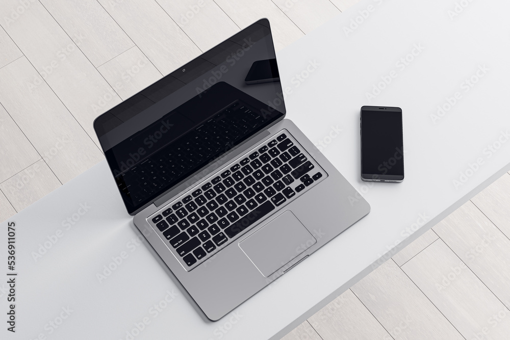 Poster close up of empty notebook and smartphone on light desktop, mock up place on screen, wooden parquet 
