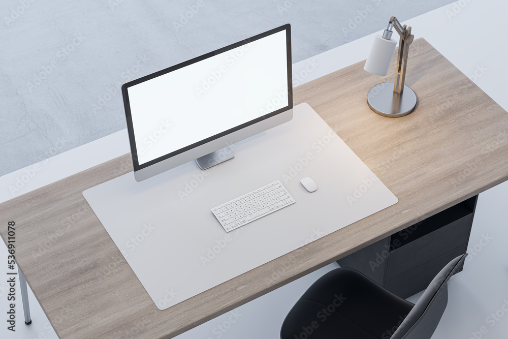 Poster Close up of wooden office desktop with empty white computer monitor and mock up place for your advertisement, lamp and keyboard on blurry background. 3D Rendering.