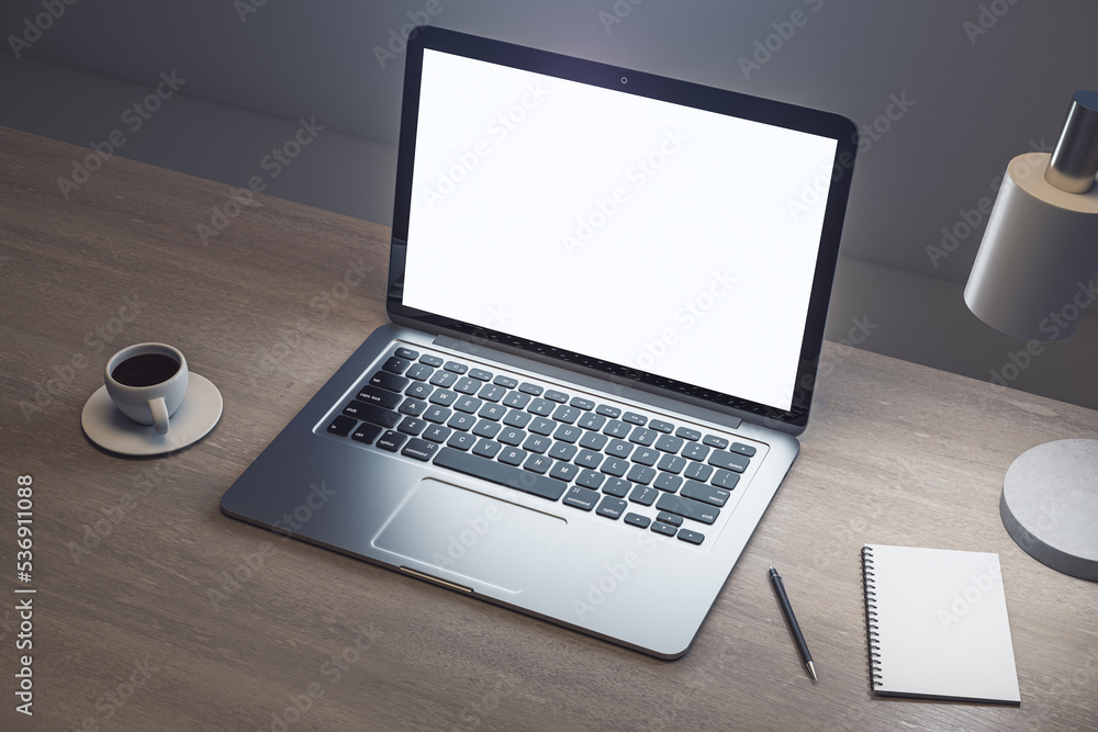 Poster close up of empty white notebook on wooden desktop with coffee cup, notepad, pen, mock up place on s