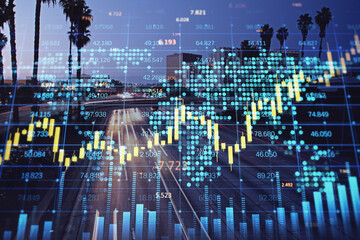 Abstract forex chart with candlestick graph, index and tech hologram on blurry bright city backdrop. Trade, stock, and finance concept. Double exposure.
