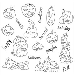 Various funny pumpkins. Coloring. Vector