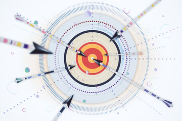 Goal and business success concept with bullseye effect when all arrows heading to dart board...