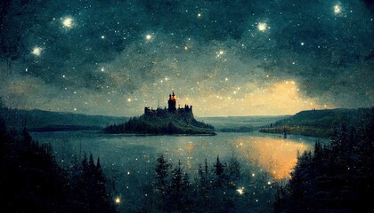 Castle on an island in the lake, starry sky