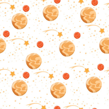 planet and stars kids seamless pattern on the white background