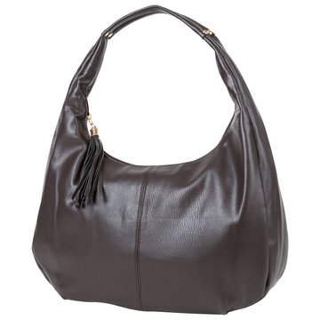 Large brown leather women's bag bag, with one long handle, on a white background, isolate