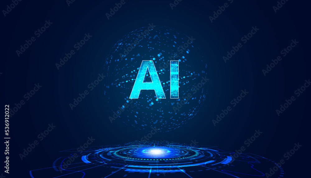 Poster abstract artificial intelligence on atomic and technology background with computer systems dot blue.