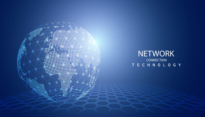 abstract global dot network circle digital connection and communication futuristic on blue background.