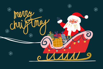 Santa Claus riding reindeer sleigh Merry Christmas vector illustration. Greeting card poster, banner.