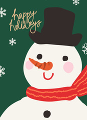 Winter festive background with a snowman in scarf. Flat cartoon illustration. Vector template for design.