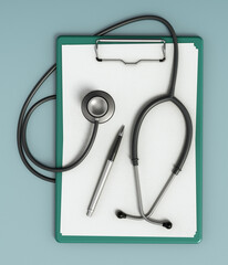 Patient medical record, stethoscope and pen. 3D illustration