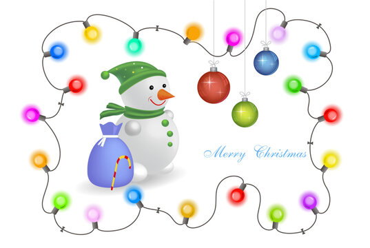 Snowman, vector image on a white background with bright garlands and colorful balls.
Holiday card, banner. 3d image.