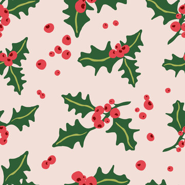Christmas background holly berry with green leaves and red berries, seamless pattern