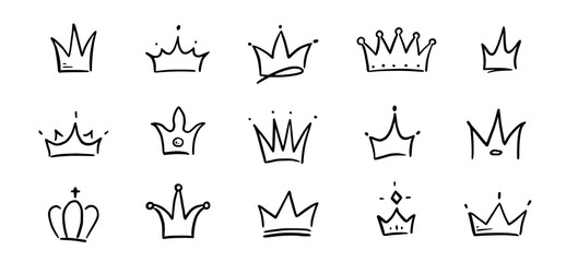 Doodle crown hand drawn set. Doodle princess crown, queen tiara. Line sketch royal element. Queen, king hand drawn simple design element. Isolated vector illustration. © Polina Tomtosova