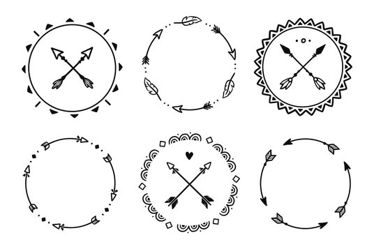 Boho arrow circle frame set. Hand drawn doodle african, aztec rustic ethnic arrow border, ornament circle frame. Tribal boho decor design. Vector illustration.