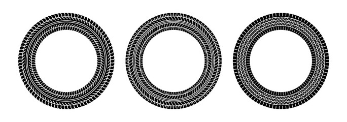Auto tire tread circle frames set. Car and motorcycle tire pattern, wheel tyre tread track print. Black tyre round border. Vector illustration isolated on white background.