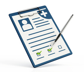 Patient medical record and pen. 3D illustration