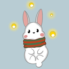 bunny in a striped scarf among lights christmas illustration happy new year