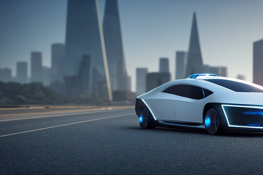 Self driving in a modern city, photorealistic artistic illustration, concept
